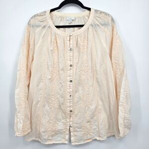 J. Jill Embroidered Button Front Blouse‎ Beige Cotton Size L